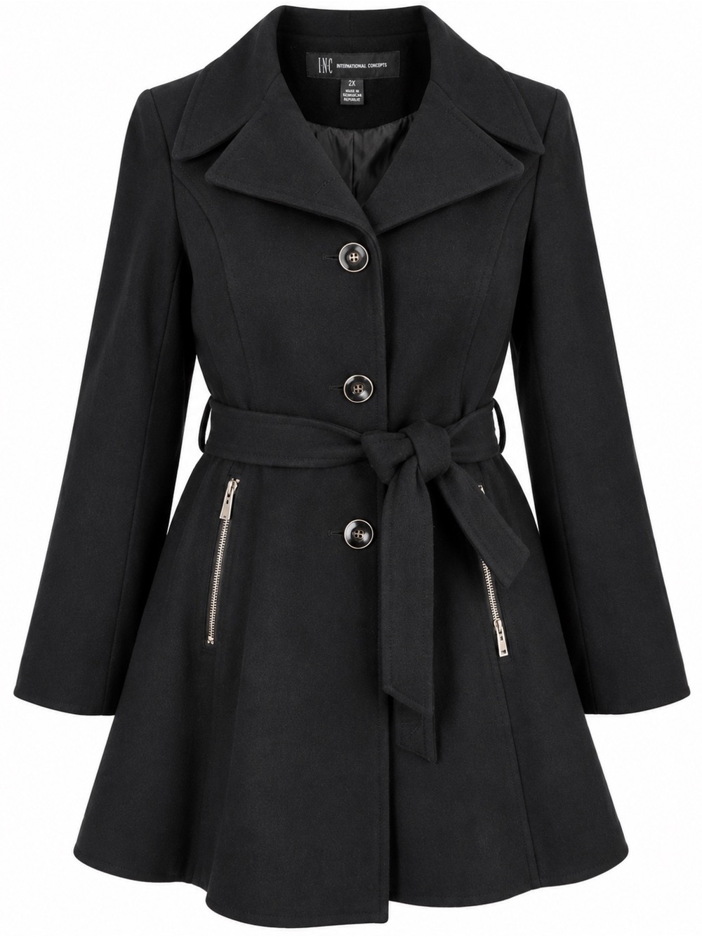 NWT INC International Concepts Black Belted Fit & Flare Coat Plus 2X $300